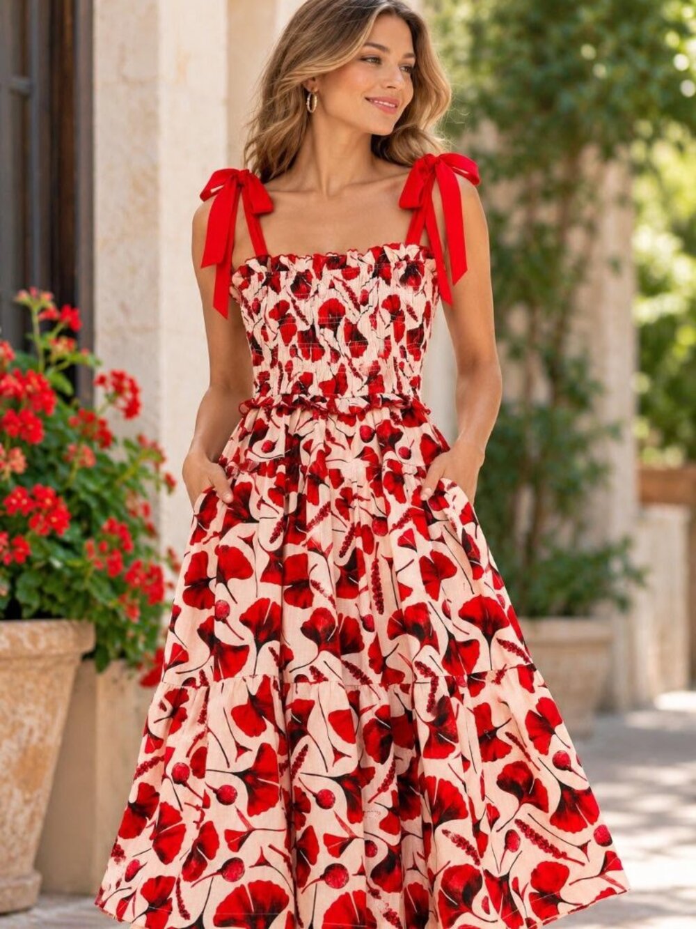 En Saison Red Floral Midi Dress Size S NWT Smocked Tie Strap Pockets